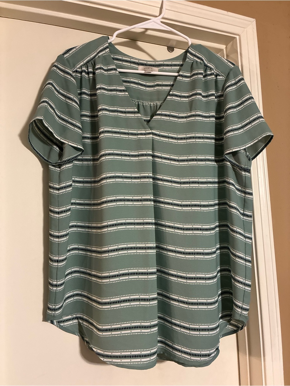 LOFT Sage Green Striped V-Neck Blouse